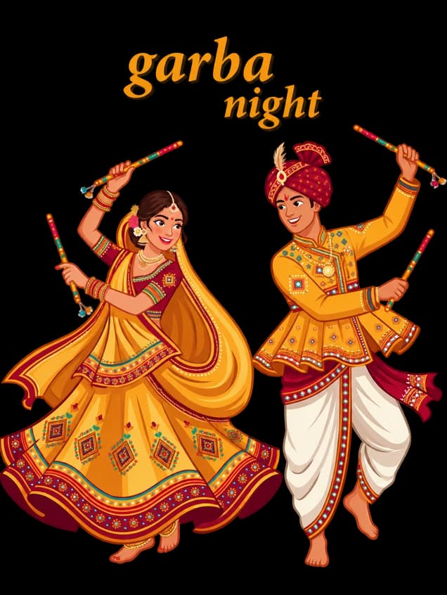 Garba Night artwork with dancers in traditional golden outfits
