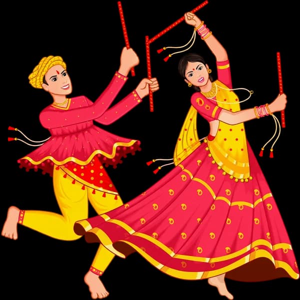 Garba dancers in pink and yellow festive outfits playing dandiya